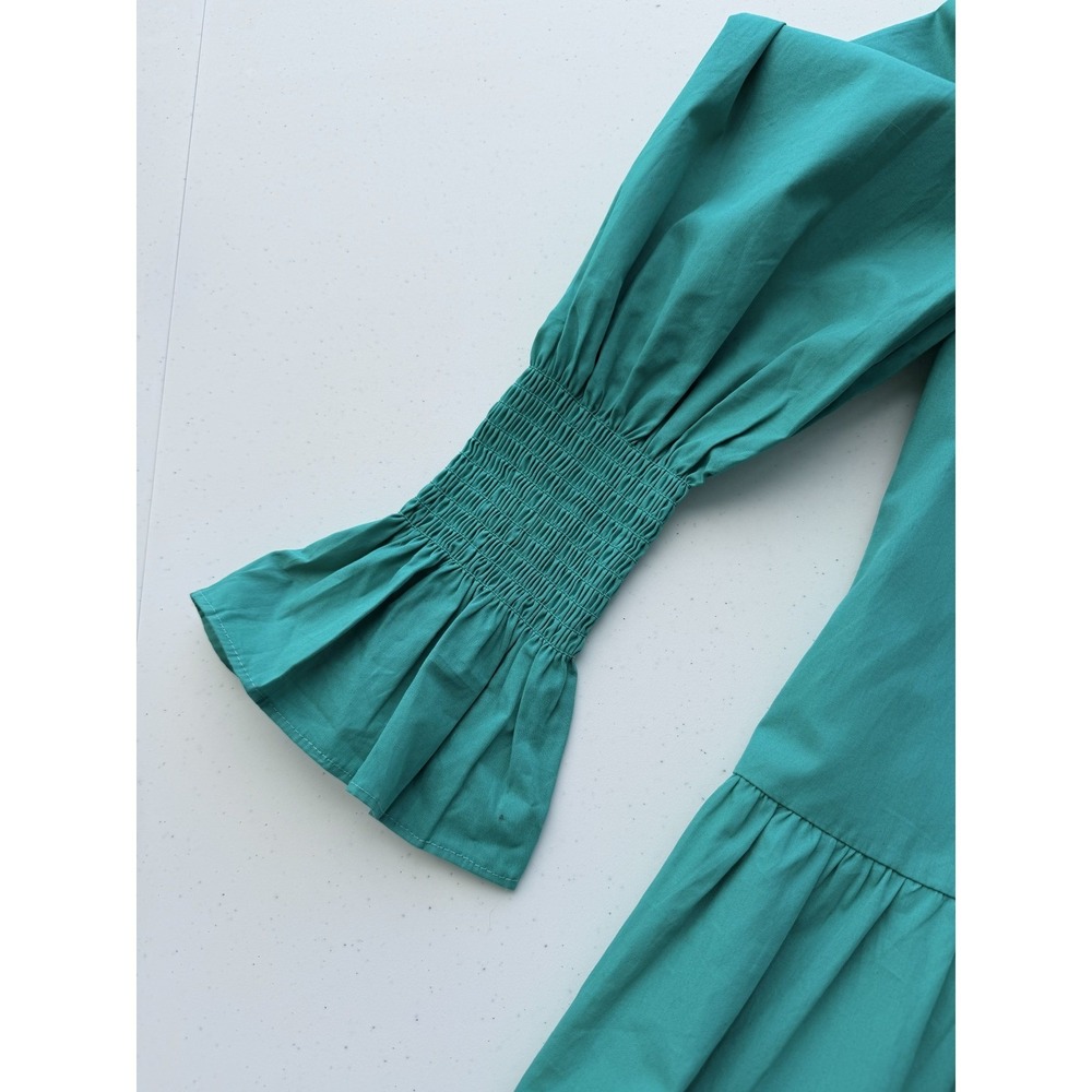 OPT Anthropologie Bay Mini Dress Emerald Green Cotton Small Tiered‎ Smock Sleeve - Picture 4 of 10